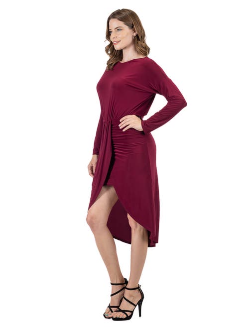 24seven Comfort Apparel Long Sleeve Dressy Tulip Skirt Knee Length Dress In Burgundy