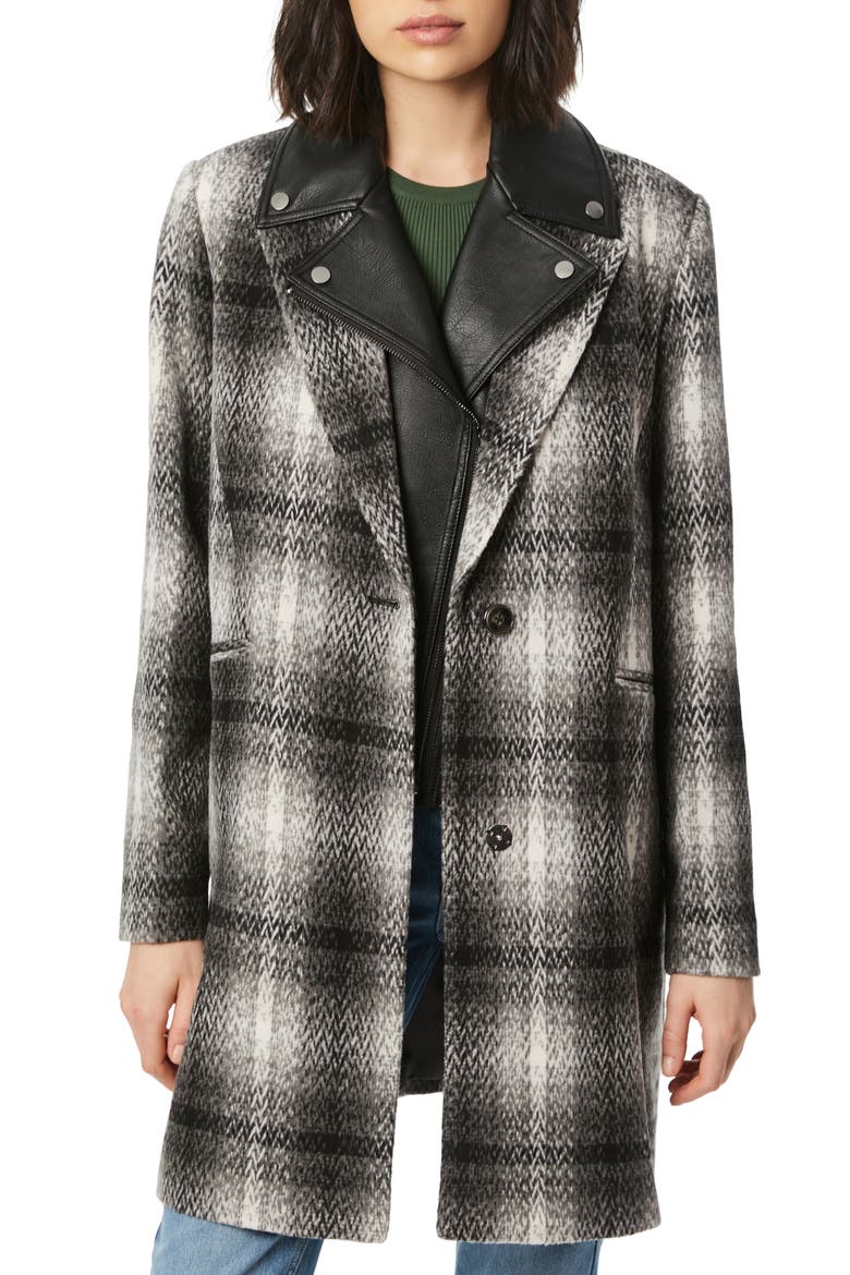Plaid Coat with Removable Faux Leather Bib, Main, color, GREY