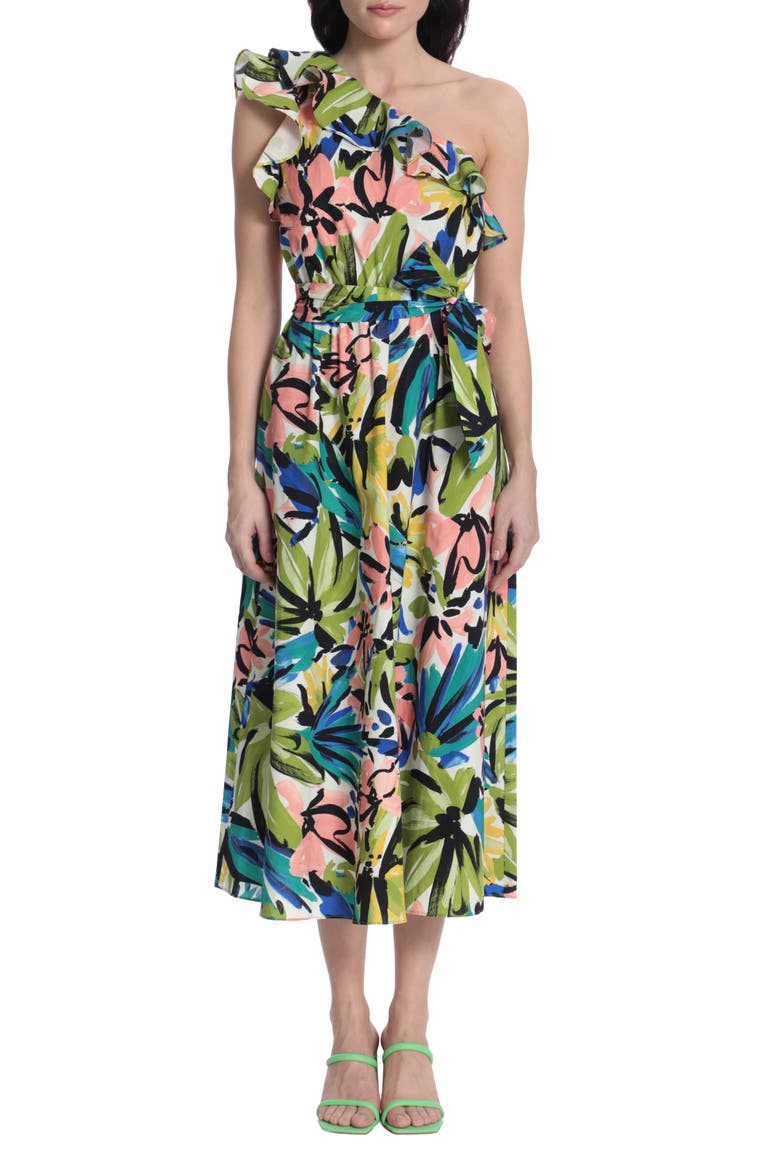 Floral One-Shoulder Stretch Cotton Dress, Main, color, WHITE/ OLIVE GREEN