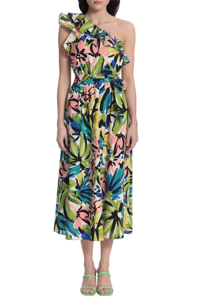 DONNA MORGAN FOR MAGGY Floral One-Shoulder Stretch Cotton Dress, Main, color,