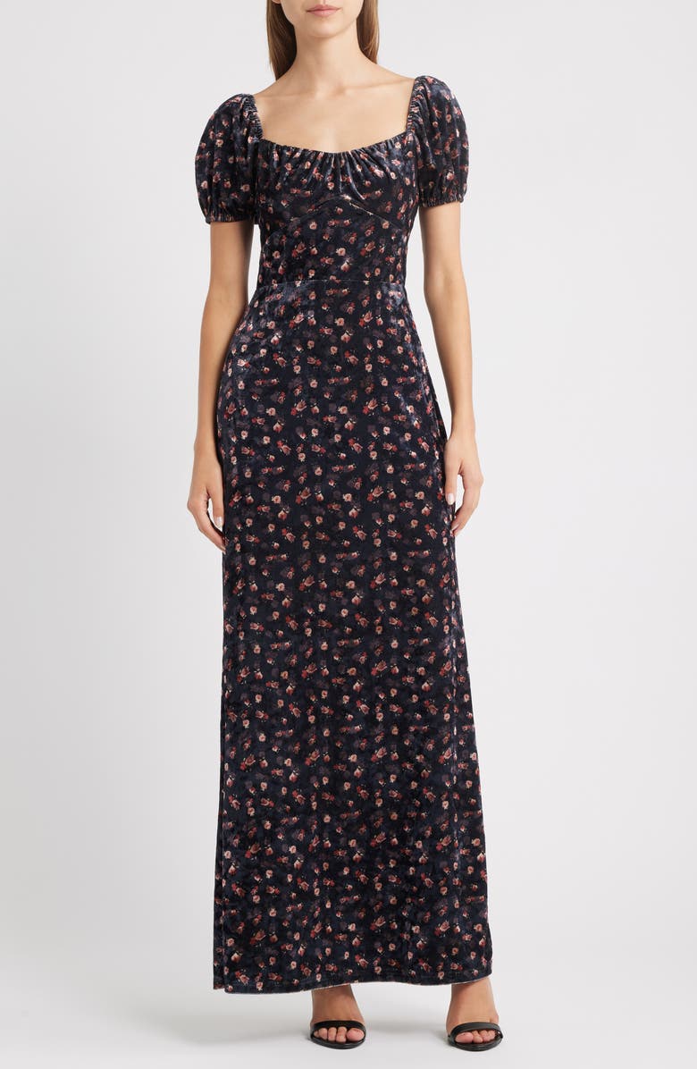 Lulus Jillian Floral Cap Sleeve Gown, Main, color, Black Floral