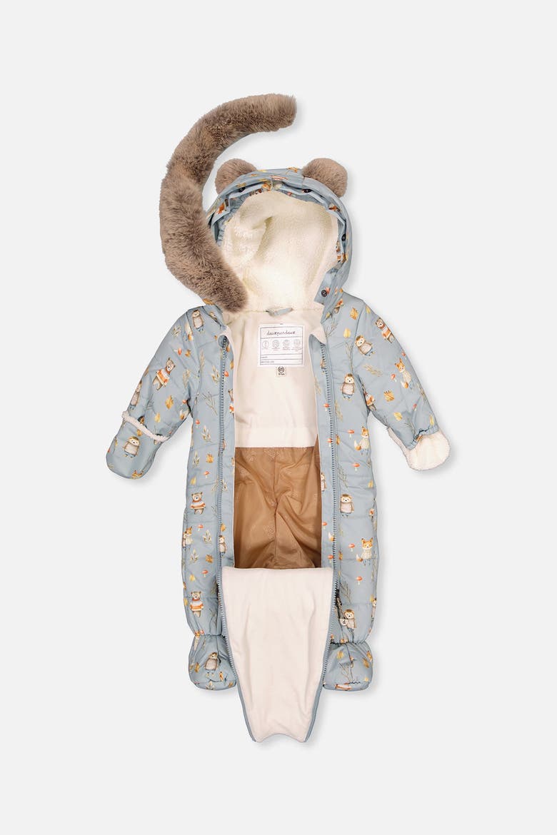 Woodland Creatures One Piece Footie Romper & Neckwarmer Snowsuit, Alternate, color, Blue Animal Print