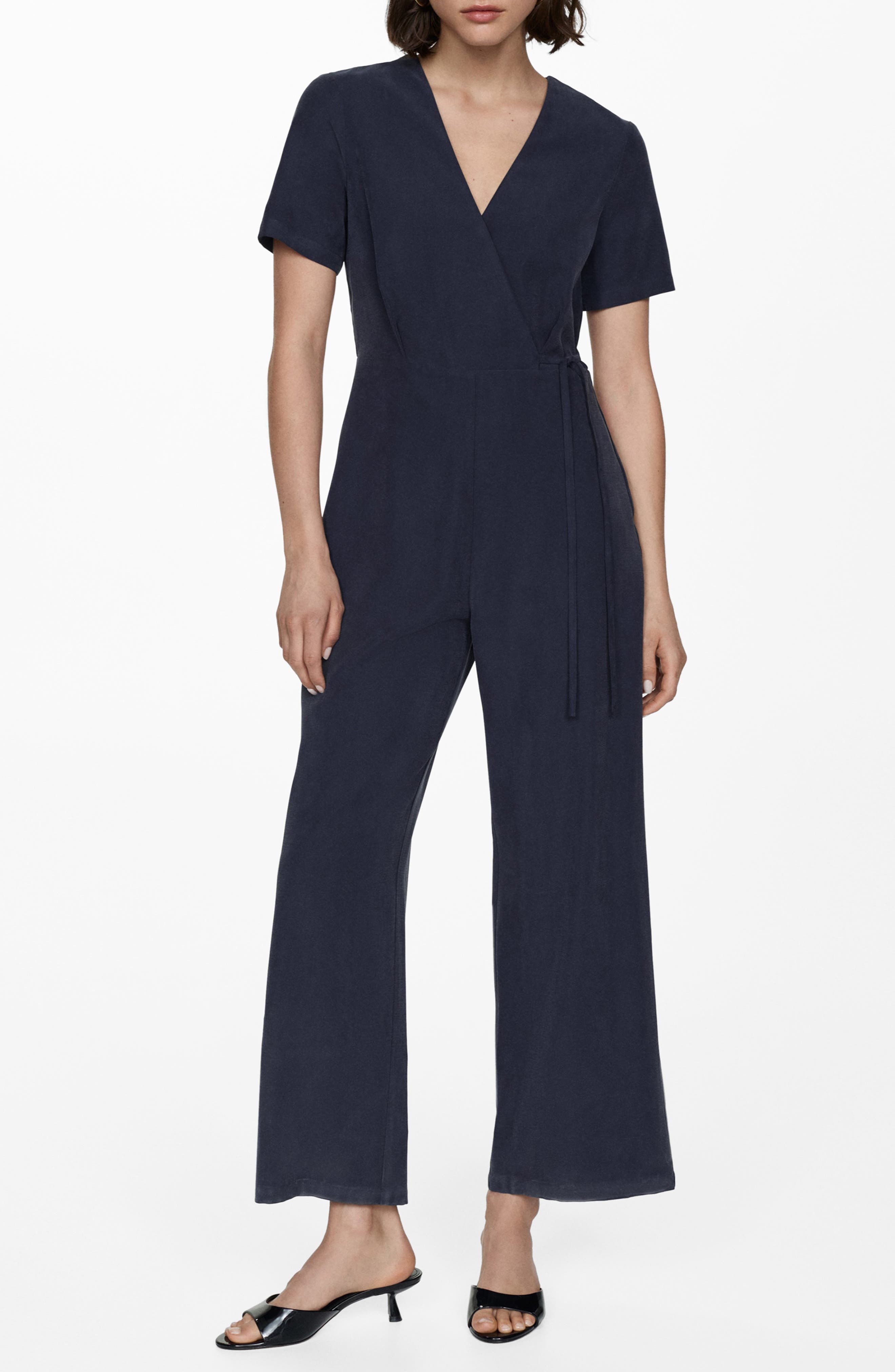 MANGO Faux Wrap Straight Leg Jumpsuit in Dark Navy at Nordstrom, Size Small