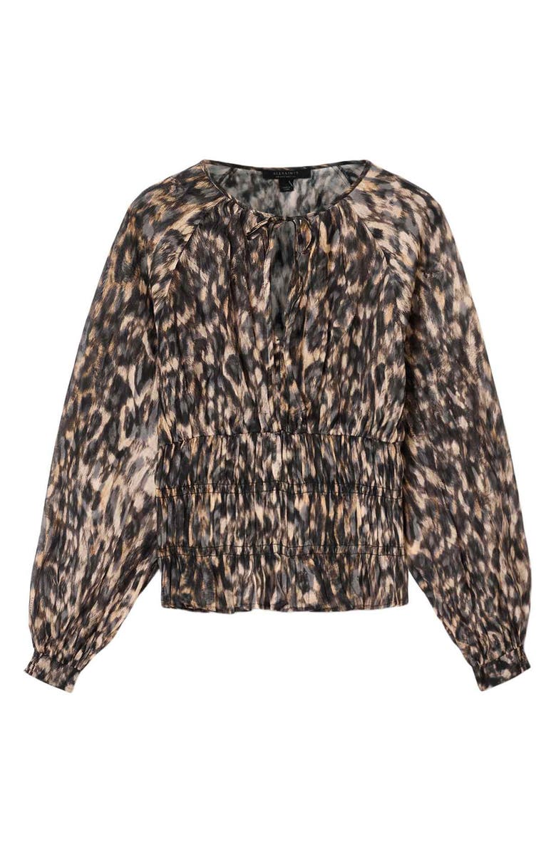 AllSaints Cern Print Smocked Top, Alternate, color, Prowl Golden Brown