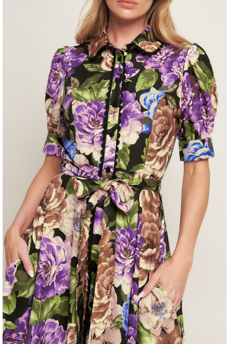 Floral Button Front Midi Dress, Alternate, color, BLACK