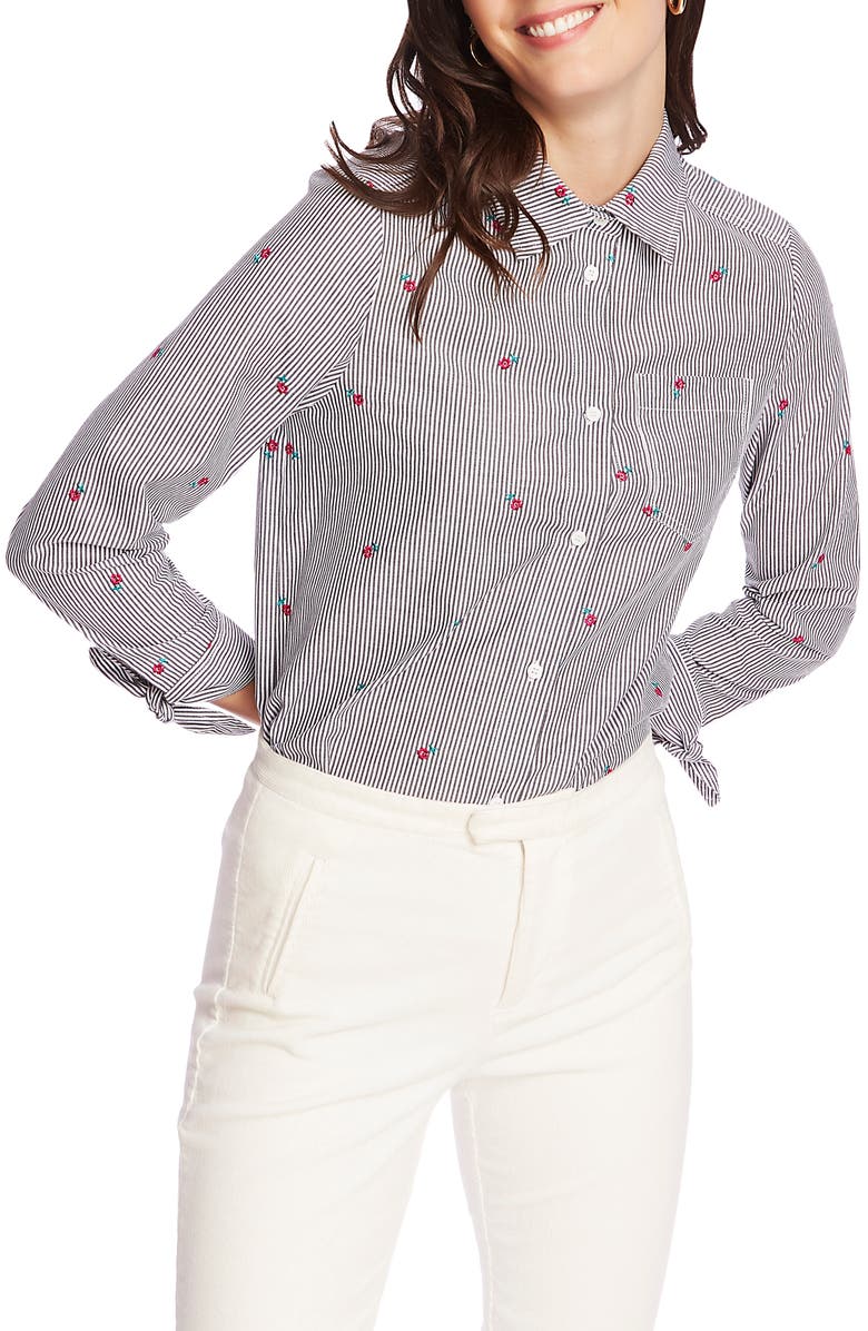 Court & Rowe Floral Embroidery Pinstripe Cotton Button-Up Shirt, Main, color,