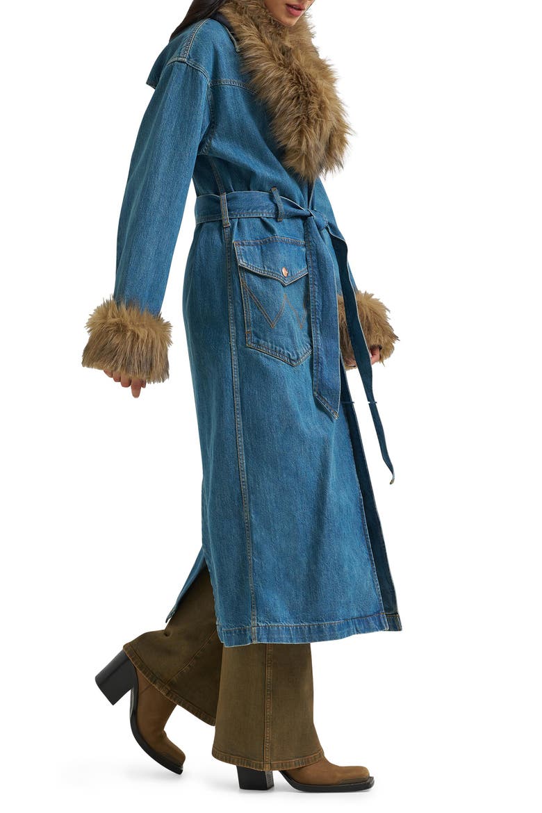 Faux Fur Trim Denim Coat, Alternate, color, DENIM