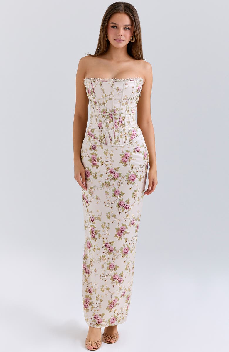 HOUSE OF CB Isis Floral Corset Bodice Gown, Alternate, color, White Floral Print