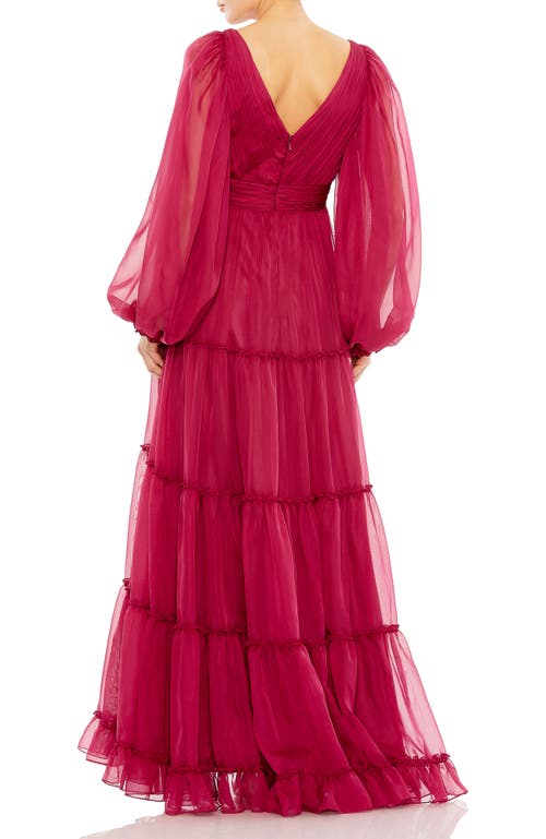 Mac Duggal Tiered Ruffle Long Sleeve Organza Gown In Berry