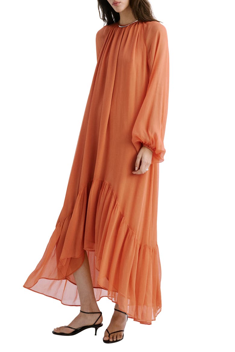 Ruffles Flowy Long Sleeve Chiffon Maxi Dress, Main, color, ORANGE