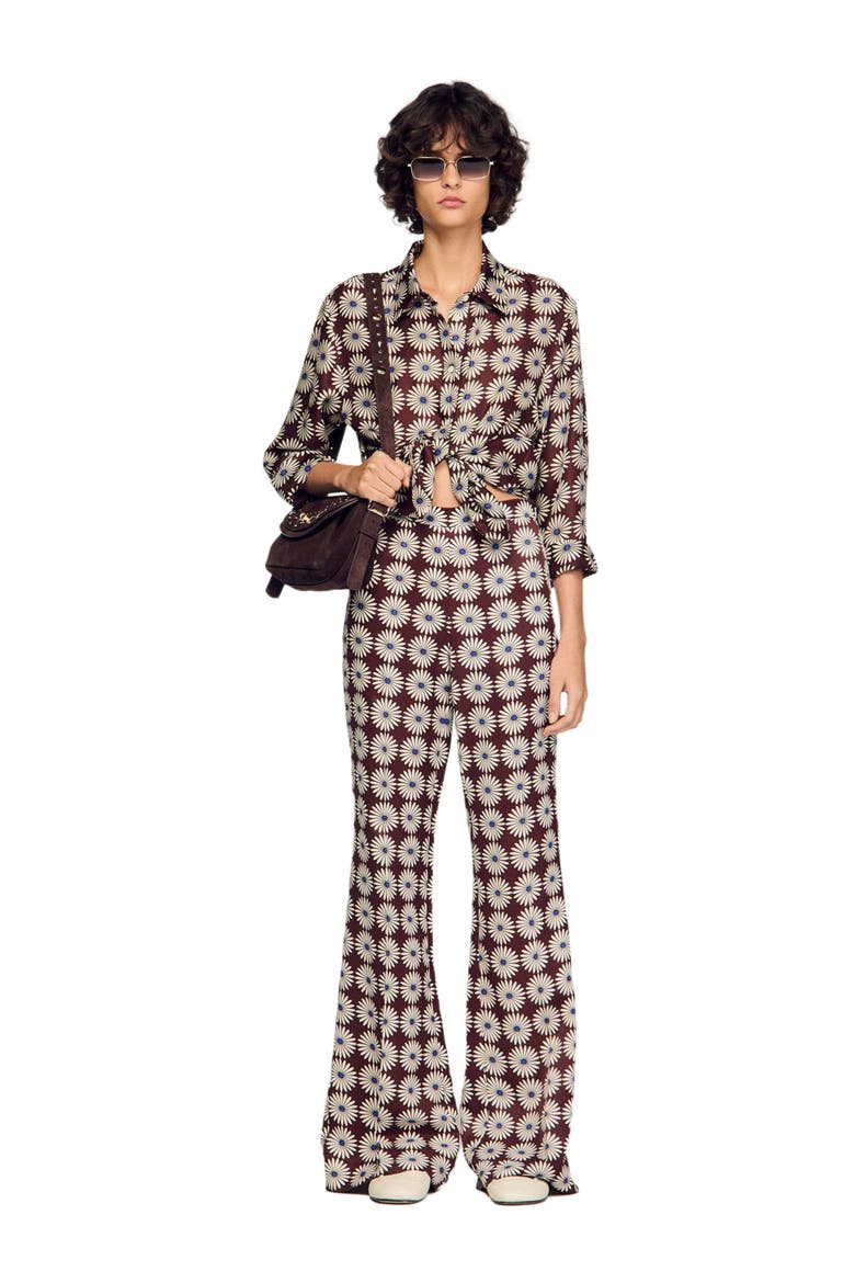 Floral print silk shirt, Alternate, color, Marron / bleu