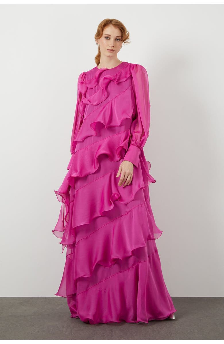 Gizia Asymmetric Ruffle Detail Long-Sleeve Lined Maxi Green Dress, Main, color, Green