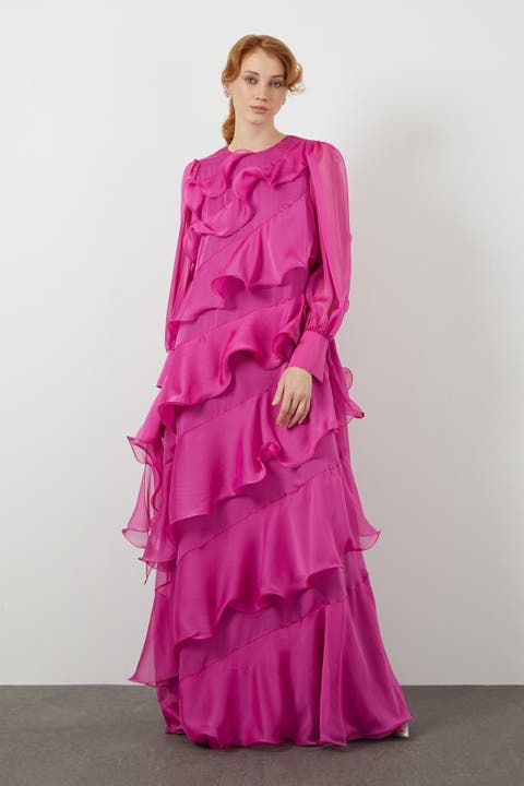 Asymmetric Ruffle Detail Long-Sleeve Lined Maxi Green Dress