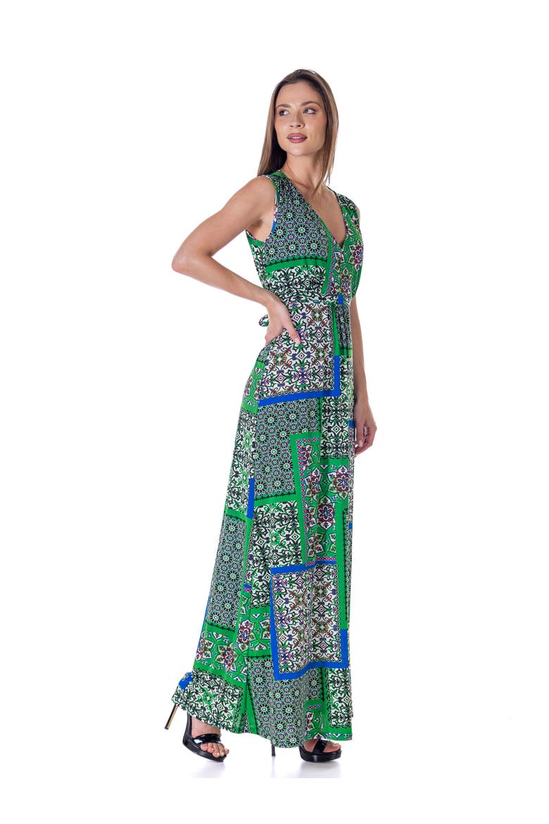 Scarf Print V-Neck Empire Waist Sleeveless Maxi Dress, Alternate, color, Green Multi