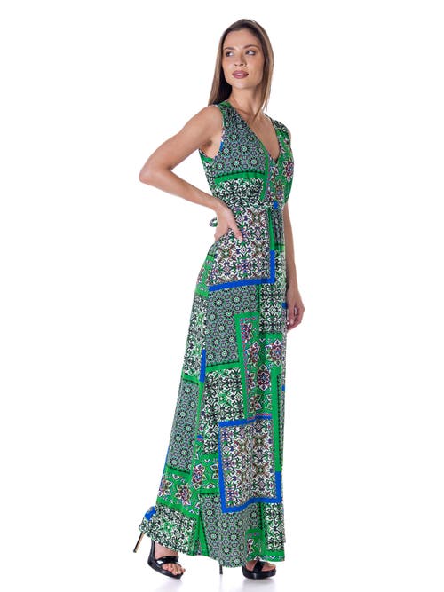 24seven Comfort Apparel Scarf Print V-neck Empire Waist Sleeveless Maxi Dress In Green