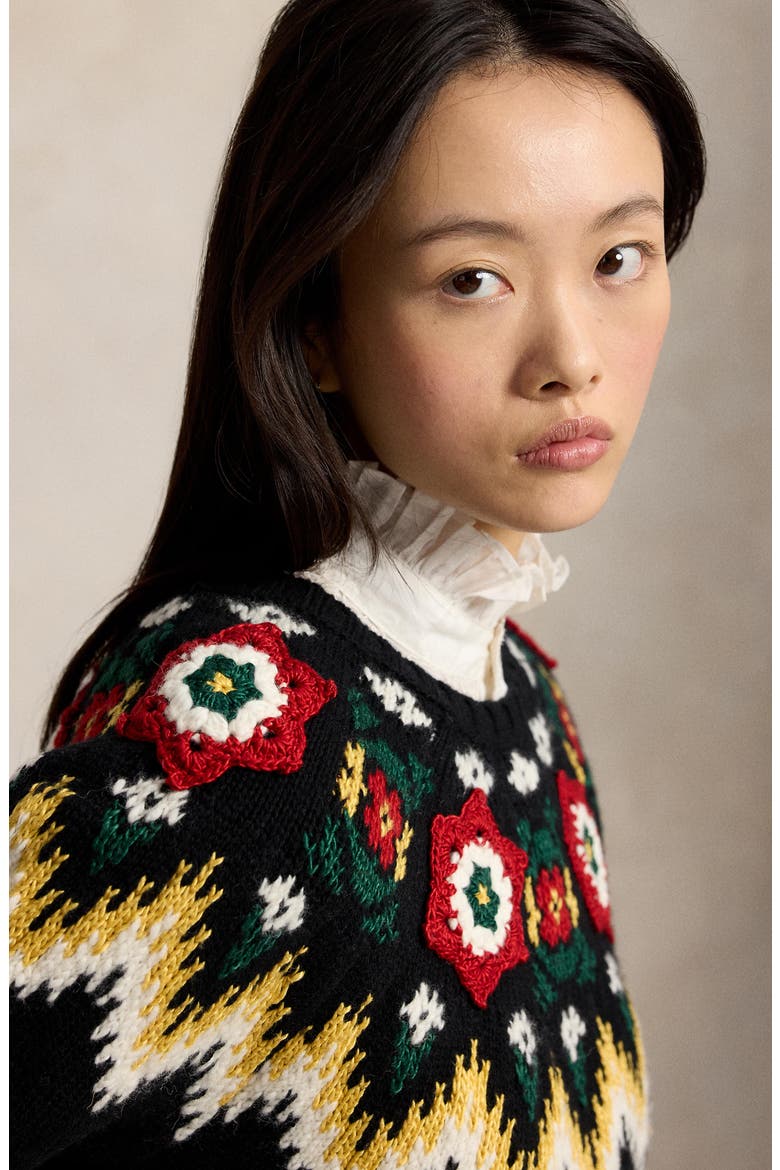 Crocheted Floral Wool & Cotton Sweater, Alternate, color, BLACK