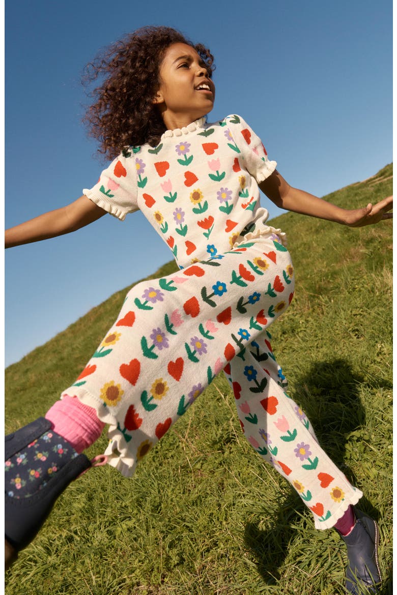 Kids' Floral Jacquard Short Sleeve Cotton Sweater, Alternate, color, ECRU MARL SUNFLOWER GARDEN