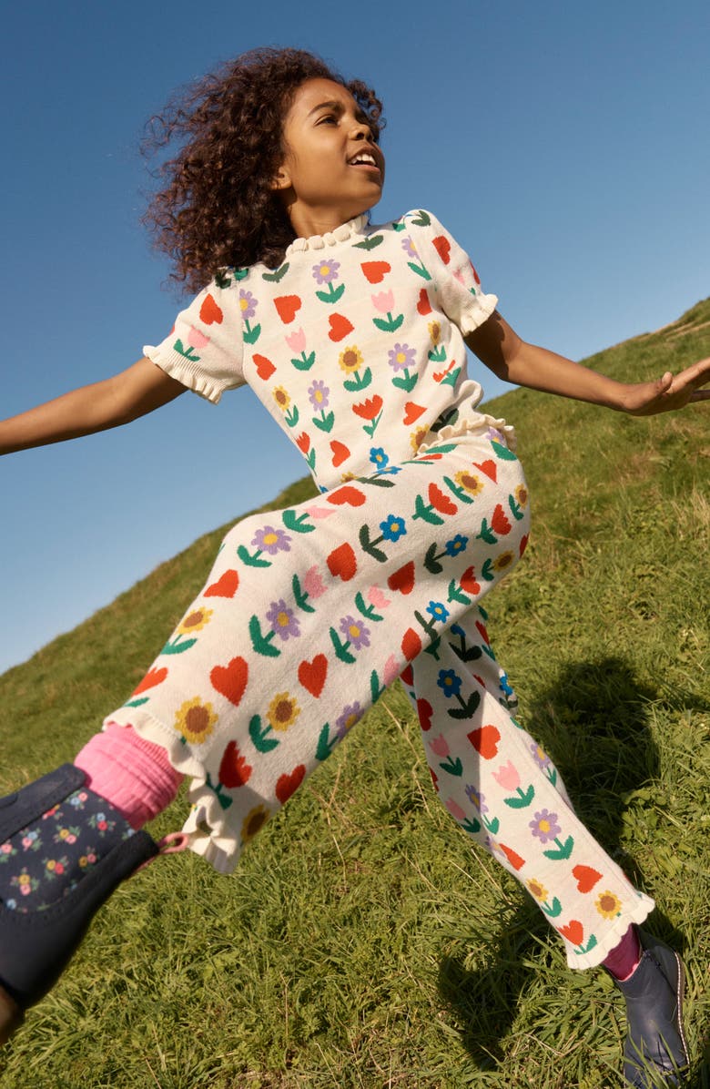 Mini Boden Kids' Floral Jacquard Short Sleeve Cotton Sweater, Alternate, color, Ecru Marl Sunflower Garden