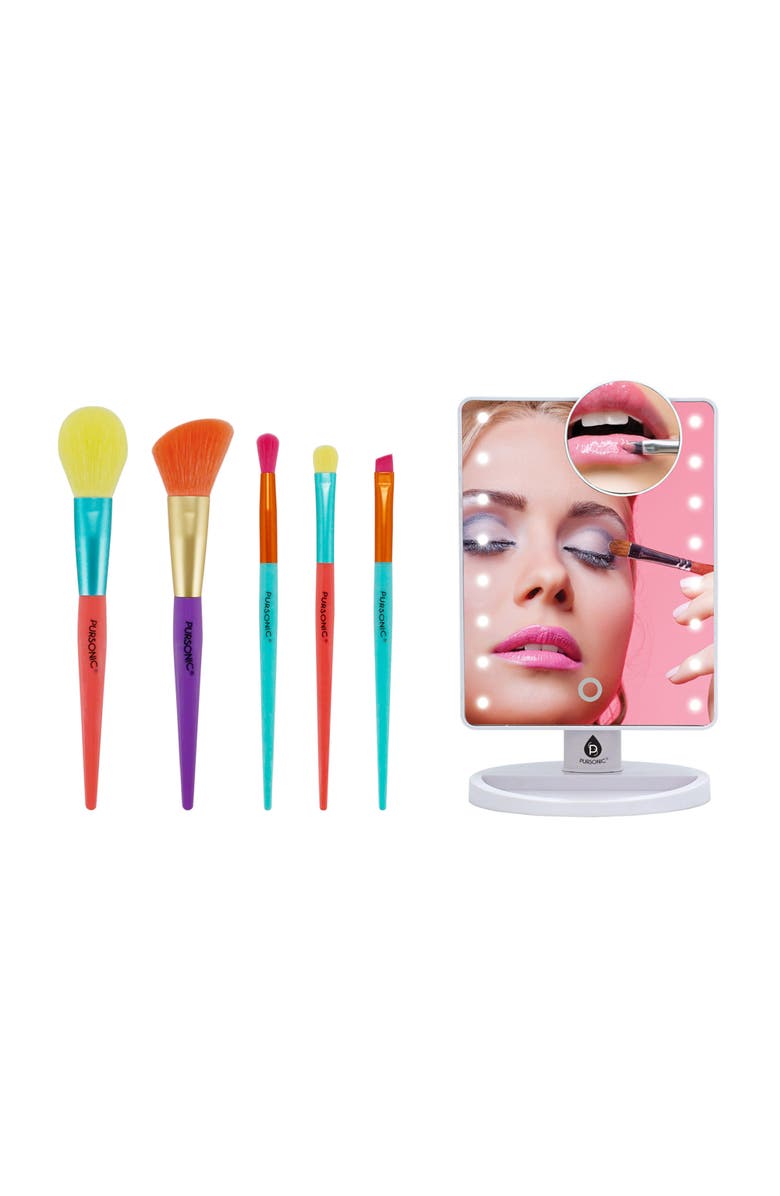 PURSONIC Makeup Essentials Duo - LED Countertop Mirror + 5-Piece Brush Set, Main, color, White