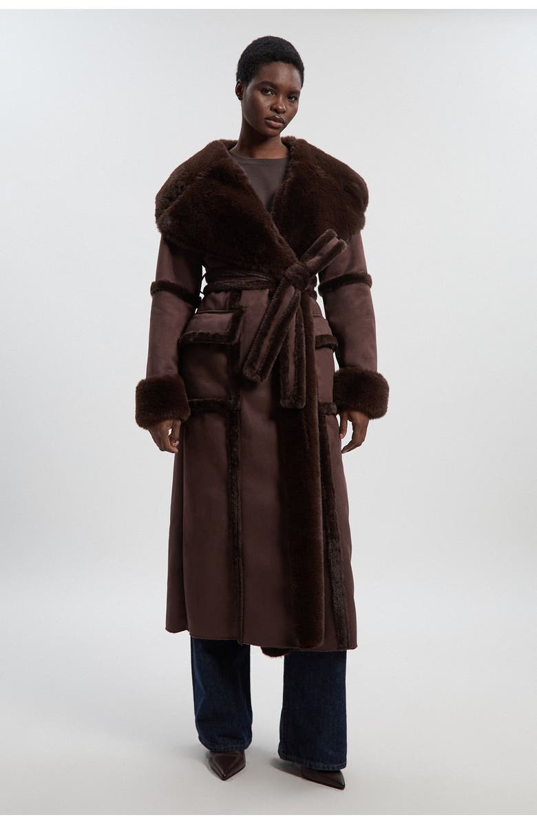 Karen Millen Faux Shearling Belted Maxi Coat, Main, color, Chocolate