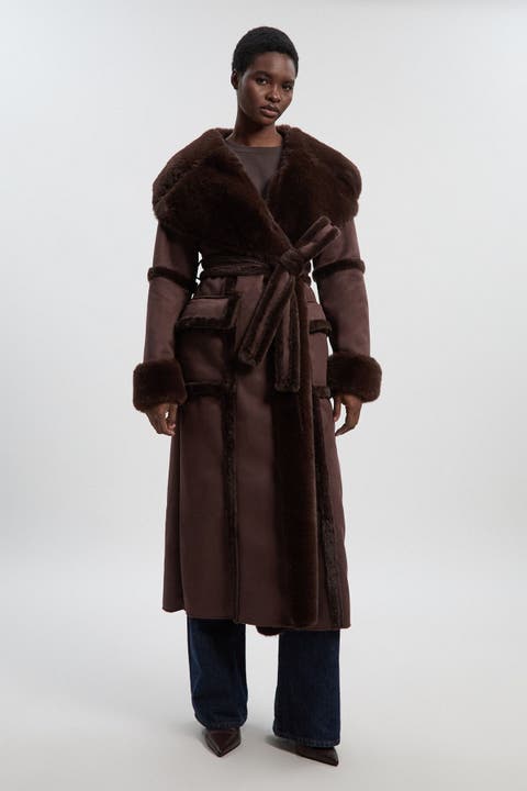 Faux Shearling Belted Maxi Coat