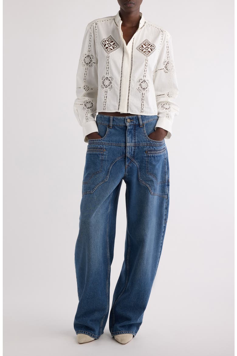Serena Openwork Embroidered Cotton Button-Up Shirt, Alternate, color, WHITE