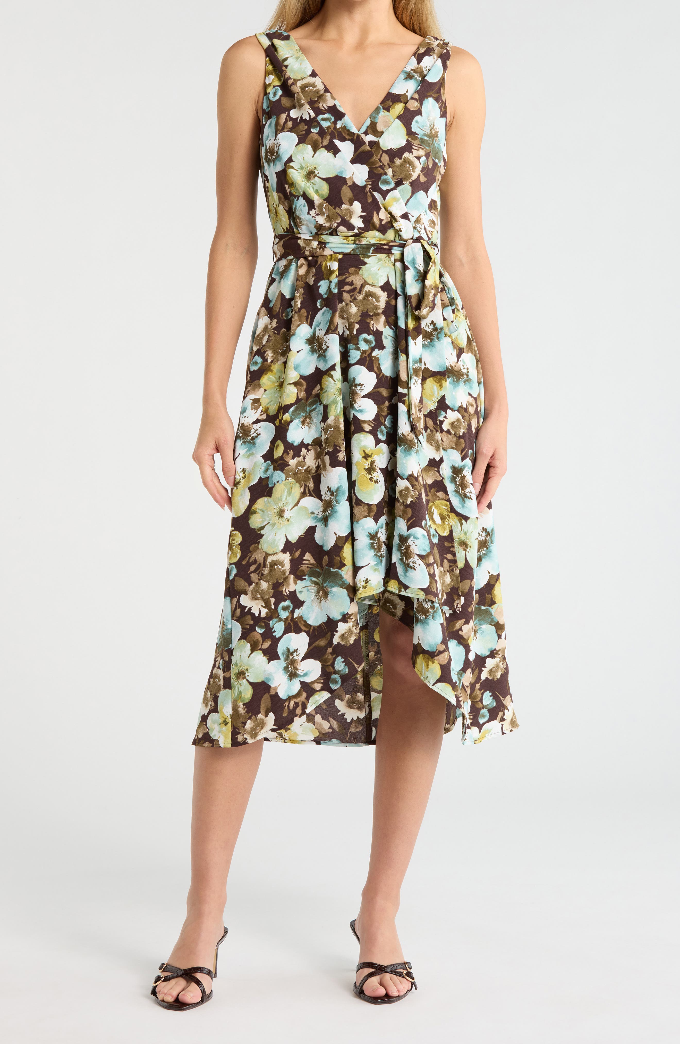 Connected Apparel Tie Waist High-Low Midi Dress