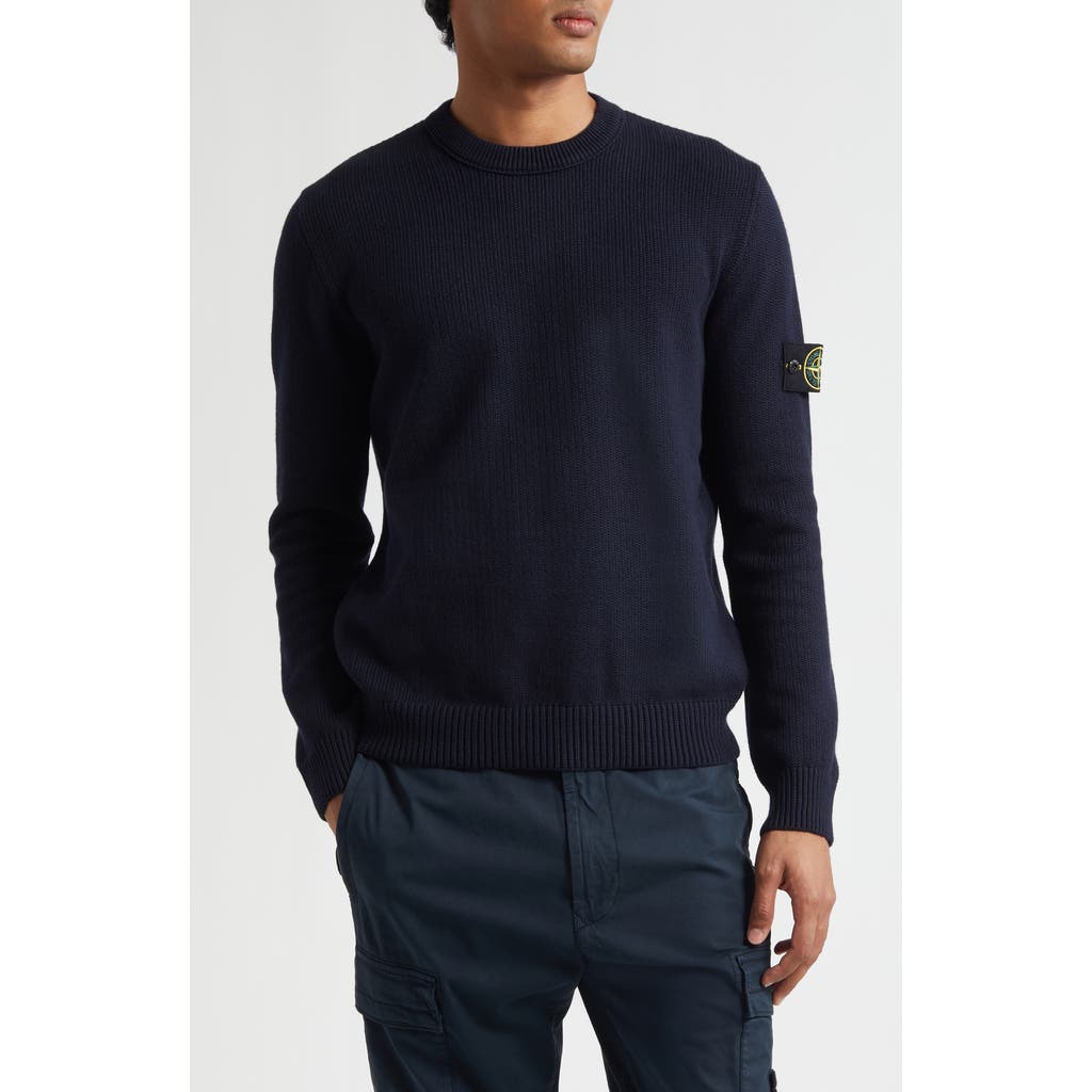 Stone Island Compass Logo Patch Cotton Blend Crewneck Sweater in V0020 Navy Blue  product
