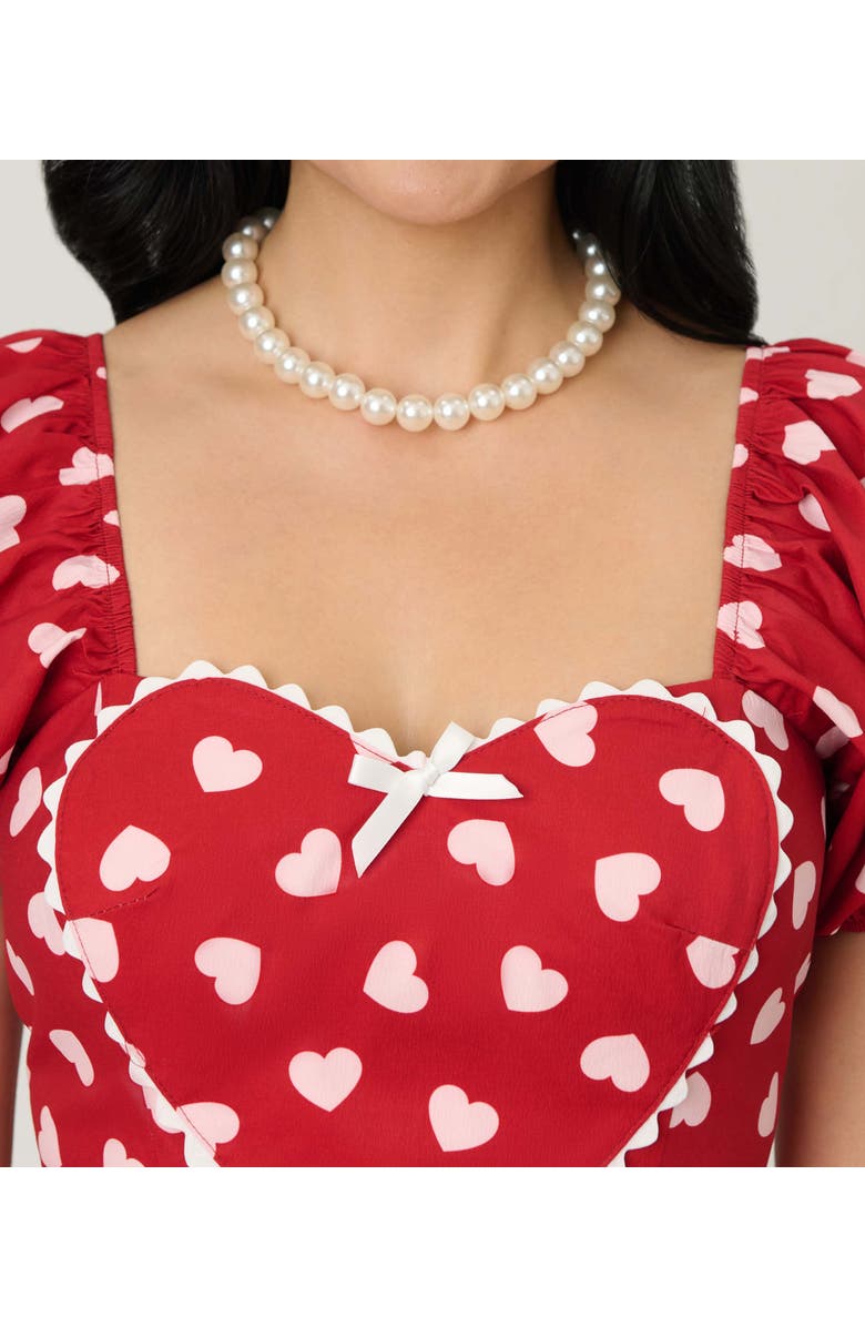 Unique Vintage Puff Sleeve Sweetheart Fit & Flare Dress, Alternate, color, Red W/ White Heart Print