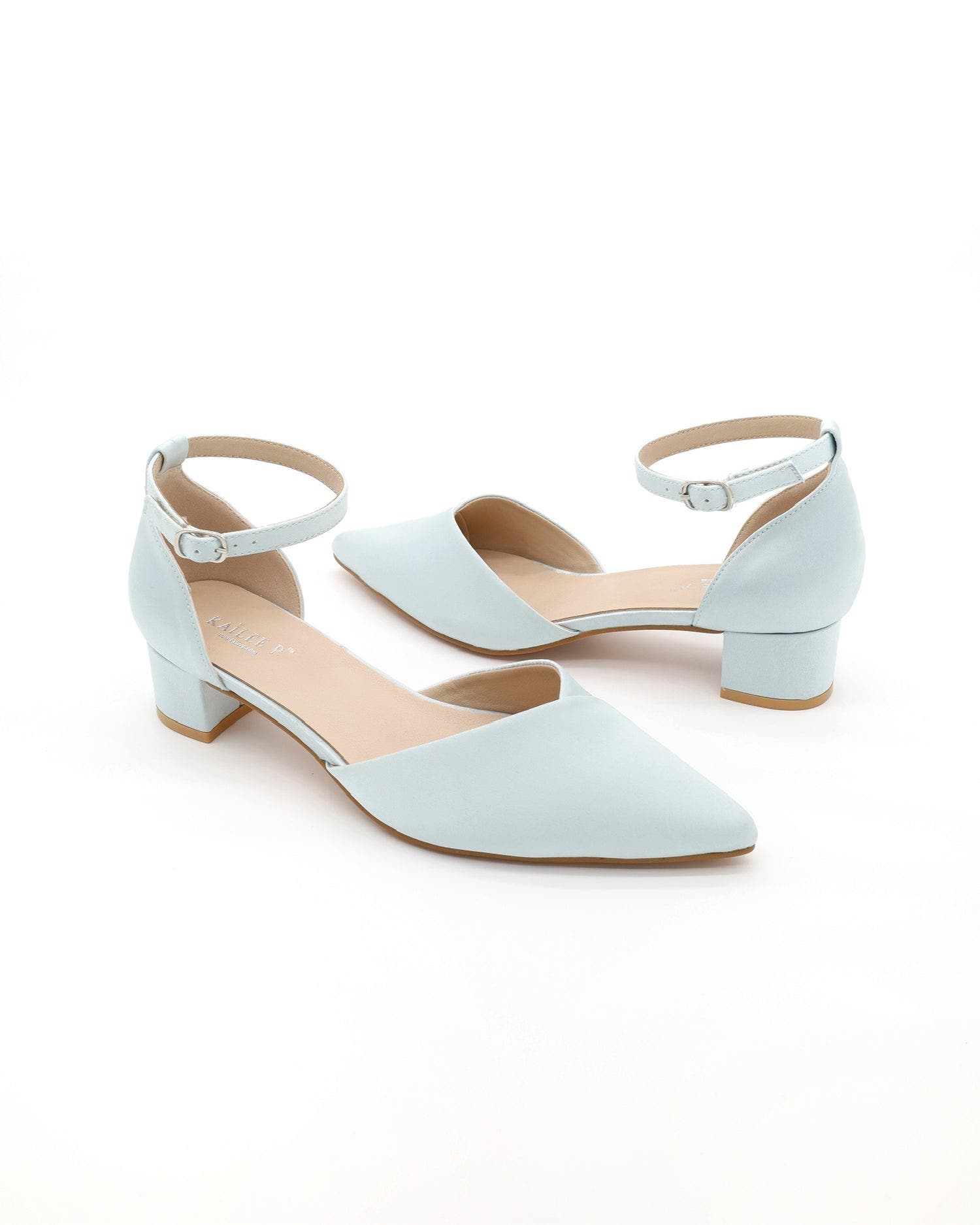 Leila Satin Pointed Toe Low Block Heels Wedding Shoes, Alternate, color, Light Blue