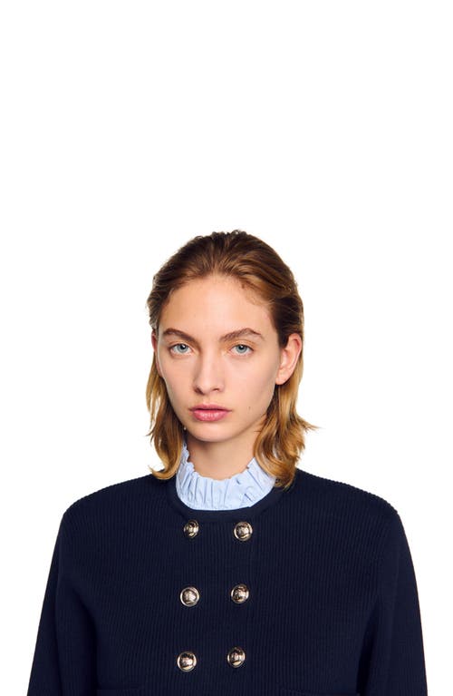 Sandro Cardigan With Removable Ruffled Collar In Navy Blue