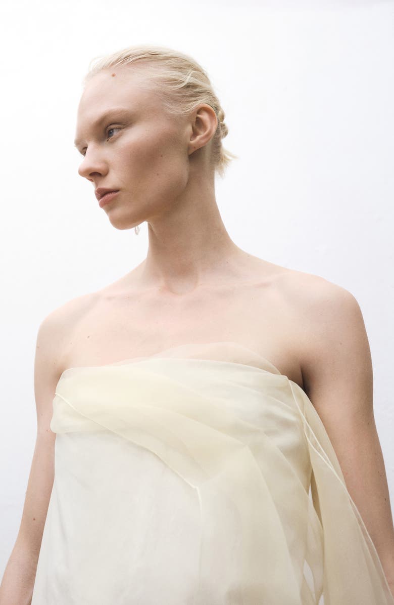 MANGO Strapless Mixed Media Chiffon Dress, Alternate, color, Ecru