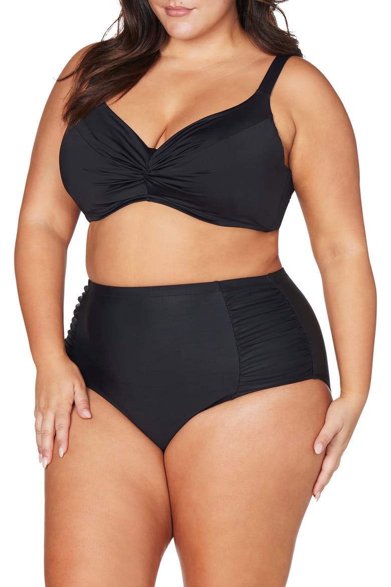 Hues High Waist Ruched Bikini Bottoms, Alternate, color, BLACK