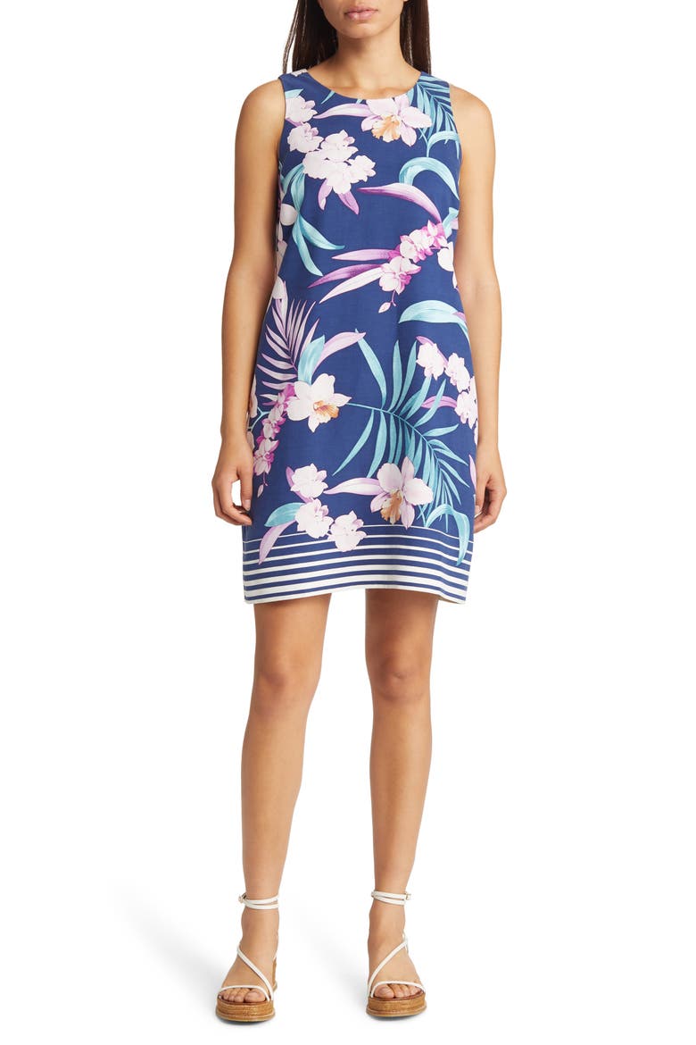Orchid Opulence Print Sleeveless Silk Shift Dress, Main, color, ISLAND NAVY