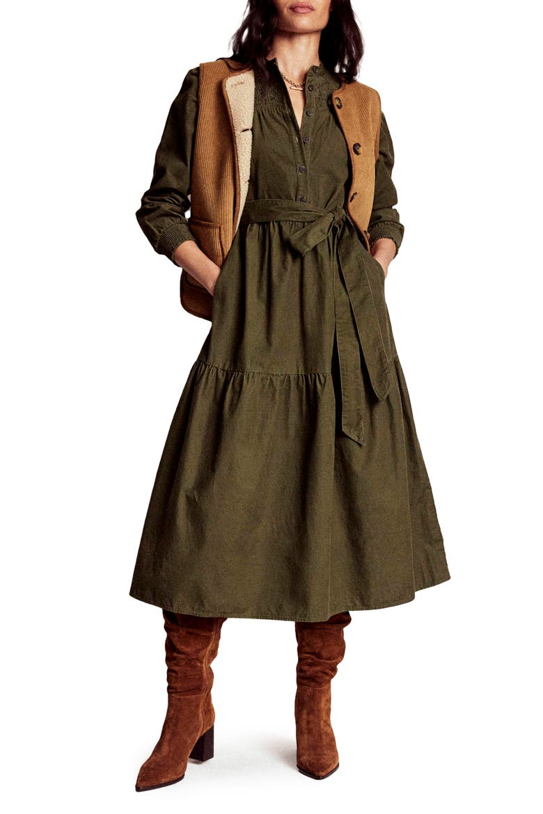 Cecily Belted Long Sleeve Cotton Corduroy Midi Dress, Main, color, WOODLAND GREEN