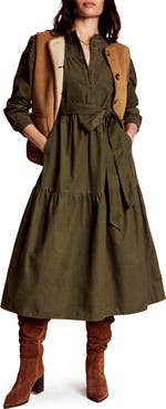 Boden Cecily Belted Long Sleeve Cotton Corduroy Midi Dress