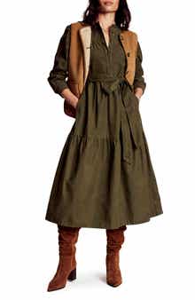 Boden Cecily Belted Long Sleeve Cotton Corduroy Midi Dress