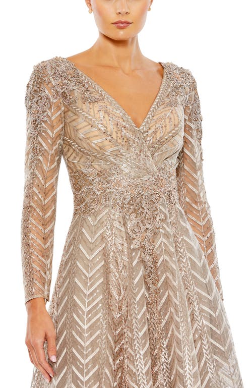 Mac Duggal Embellished Long Sleeve Wrap Over Dress In Taupe