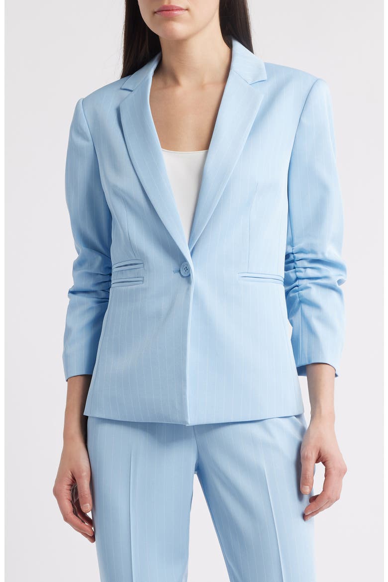 Pinstripe Ruched Sleeve Blazer, Main, color, ICE BLUE