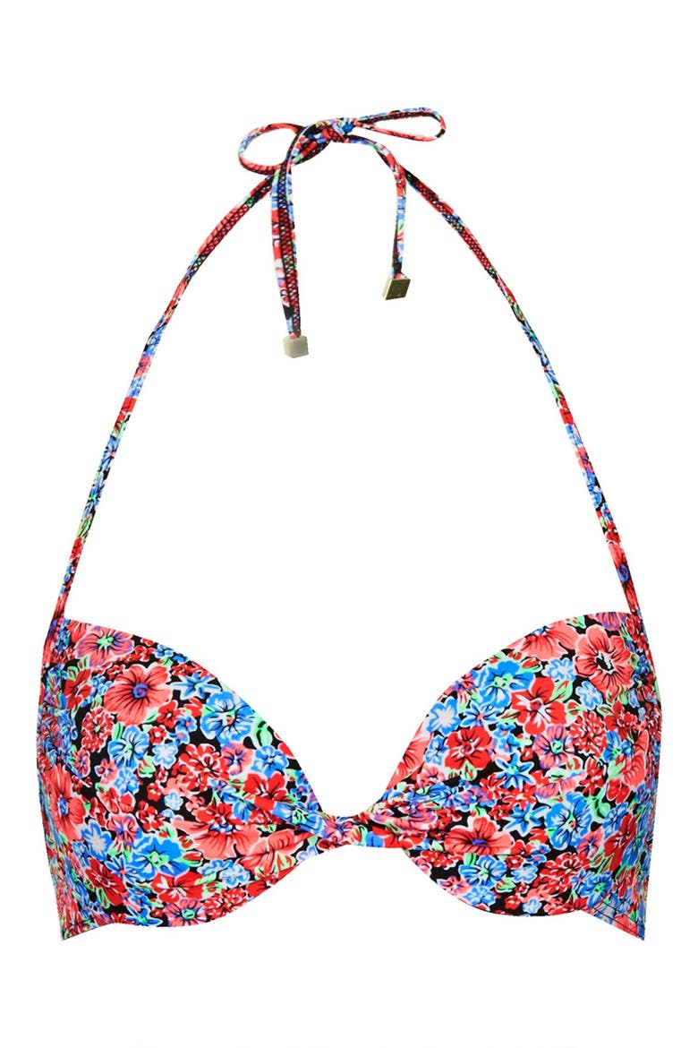 'Forest Ditsy' Plunge Bikini Top, Main, color, RED MULTI