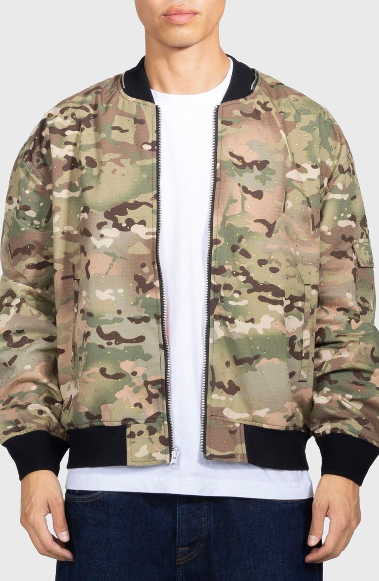 PLEASURES Rhinestone Embellished Camo Print Cotton Bomber Jacket, Main, color, Camo