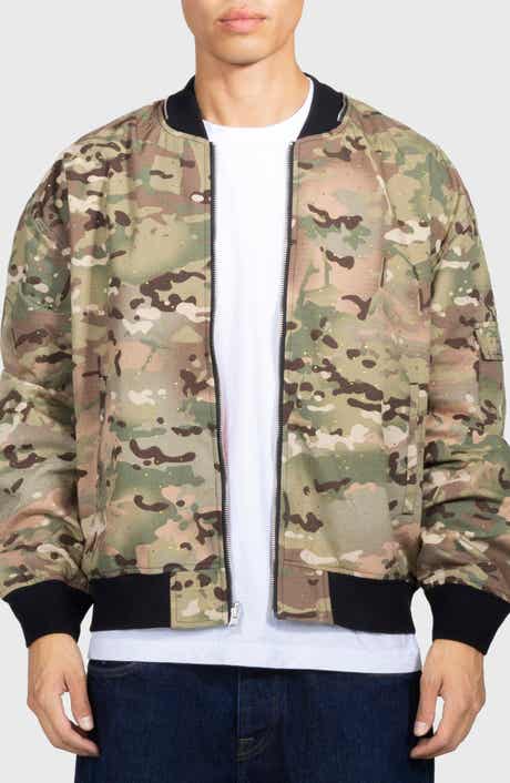 PLEASURES Rhinestone Embellished Camo Print Cotton Bomber Jacket