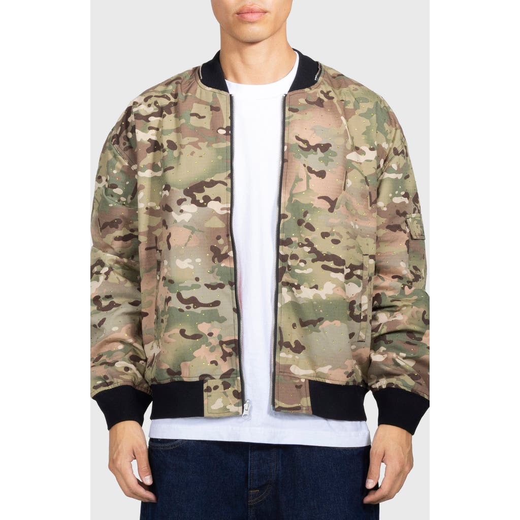 Pleasures Rhinestone Embellished Camo Print Cotton Bomber Jacket In Multi