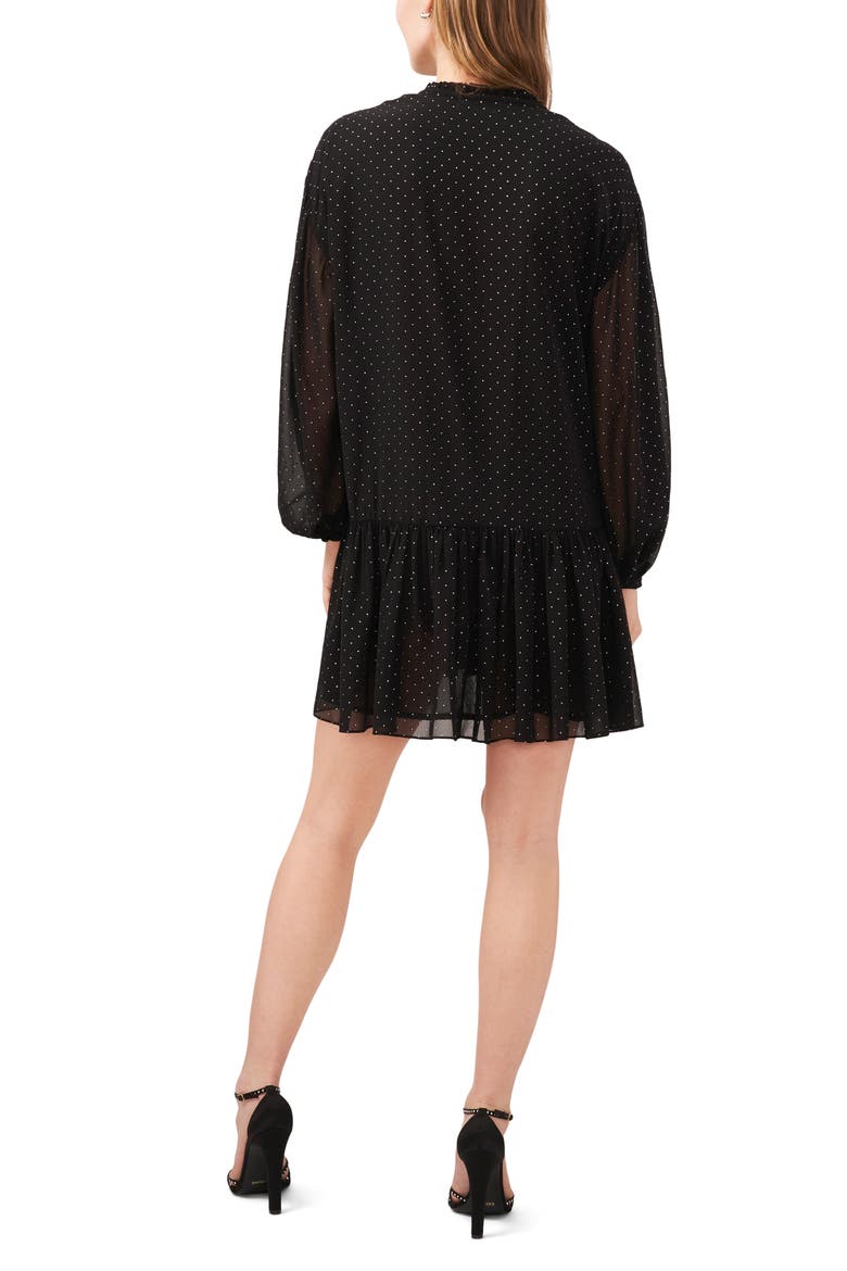 Dot Print Pintuck Pleat Long Sleeve Minidress, Alternate, color, RICH BLACK