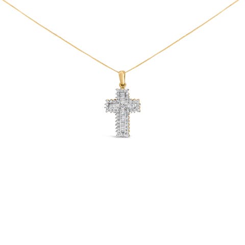 14K Yellow Gold 2.0 Cttw Multi-Row Diamond Cross Pendant Necklace