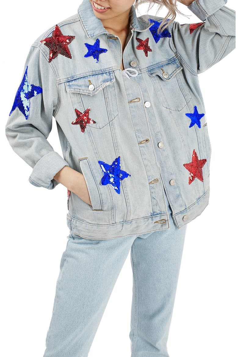 Sequin Star Denim Jacket, Main, color, LIGHT DENIM MULTI