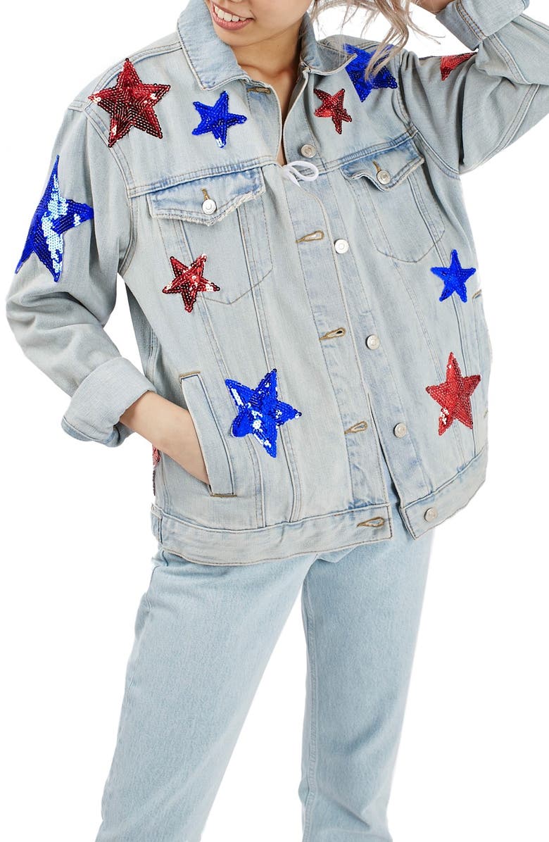Topshop Sequin Star Denim Jacket, Main, color, 