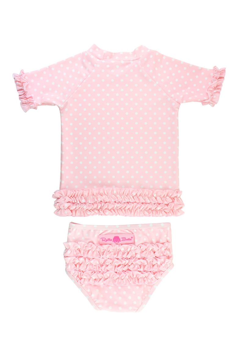 Pink Polka Dot Two-Piece Rashguard Swimsuit & Hat Set, Alternate, color, PINK
