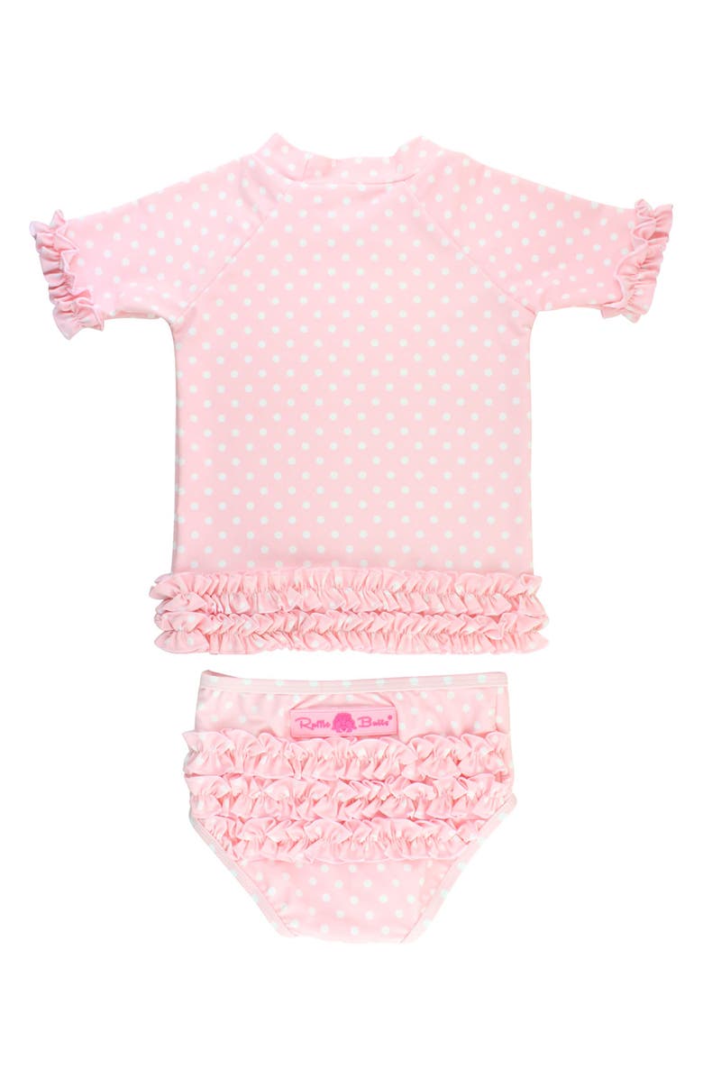 RuffleButts Pink Polka Dot Two-Piece Rashguard Swimsuit & Hat Set, Alternate, color, 