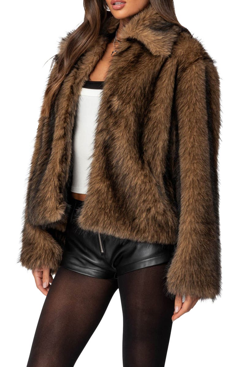 EDIKTED Faux Fur Jacket, Alternate, color, Brown